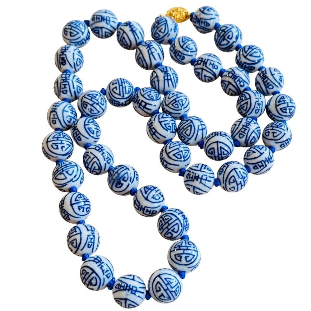 VTG Chinese Export Shou Beads necklace Blue Hand Painted Longevity China Retro